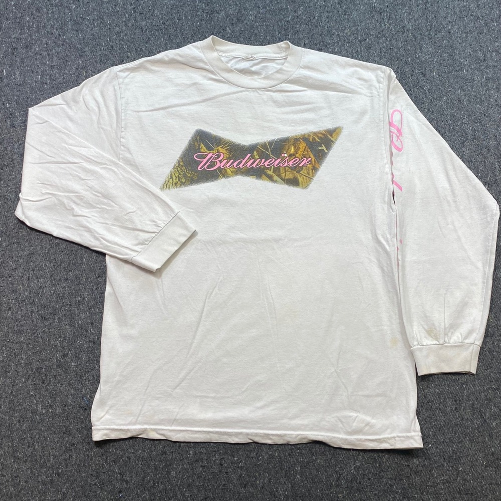 Budweiser Long Sleeve TShirt Sz L Mens White Camo Pink Logo Y2K Skater Graphic